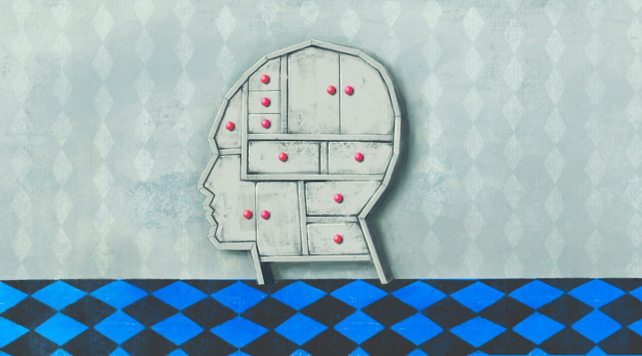 Arte conceitual, obra conceitual sobre vida de sonho, pensamento cerebral, escolha e psicologia, ilustração surreal de cabeça humana, pintura moderna, estilo minimalista